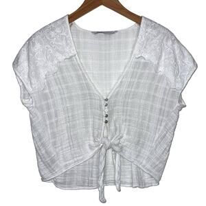 Zara Crop Tie Waist White Eyelet Shoulder Top Size Small